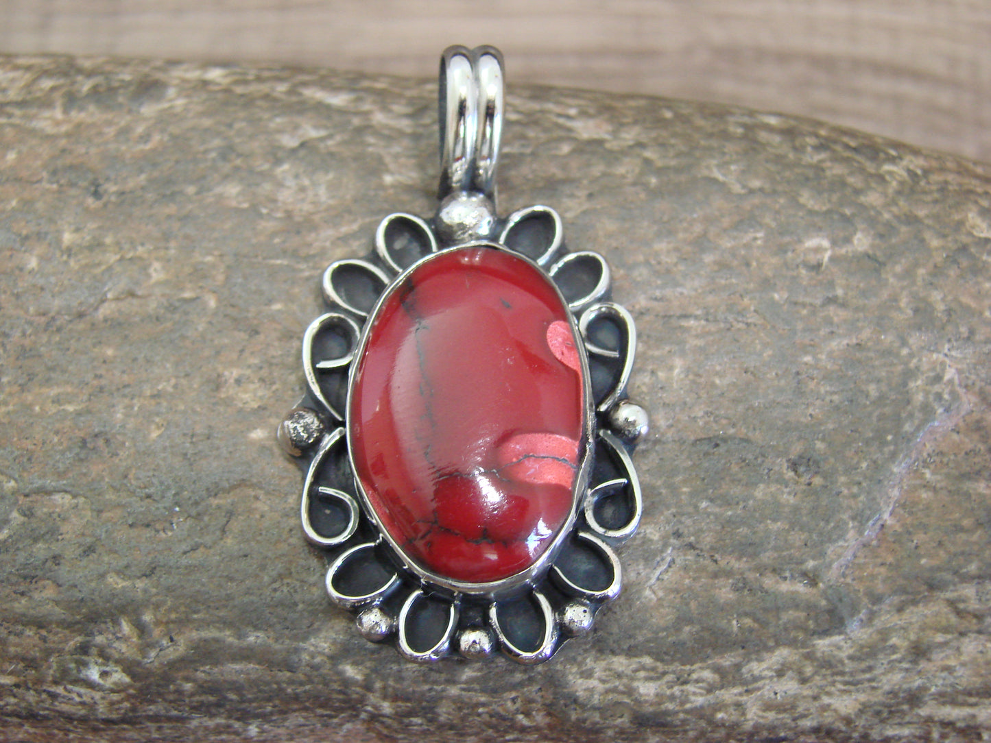 Native American Nickel Silver & Red Howlite Pendant - Cleveland