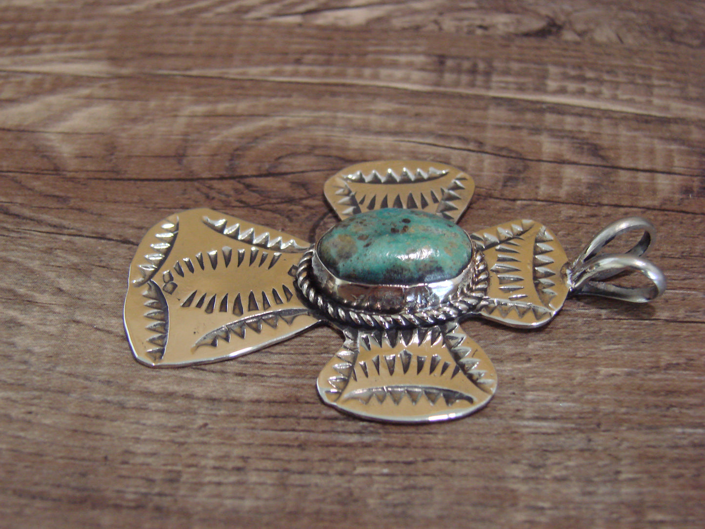 Navajo Indian Nickel Silver & Turquoise Cross Pendant - Cleveland
