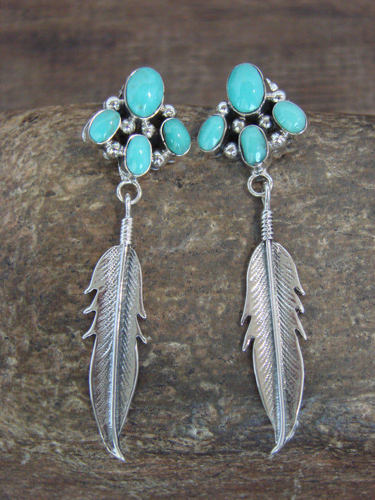 Native American Sterling Silver & Turquoise Cluster Post Feather Earrings by Lewis