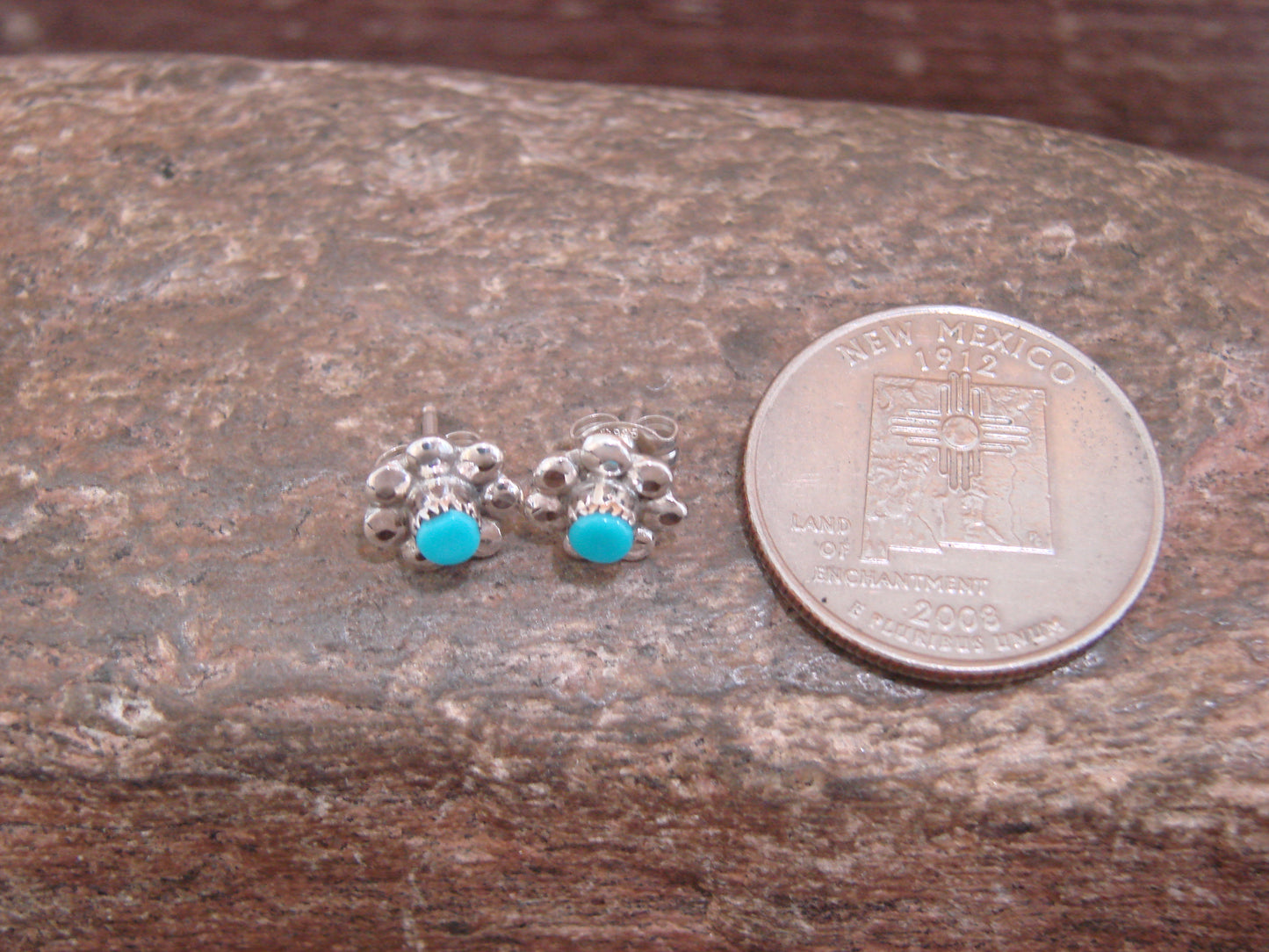 Native American Sterling Silver & Turquoise Floral Stud Post Earrings by Yatsattie