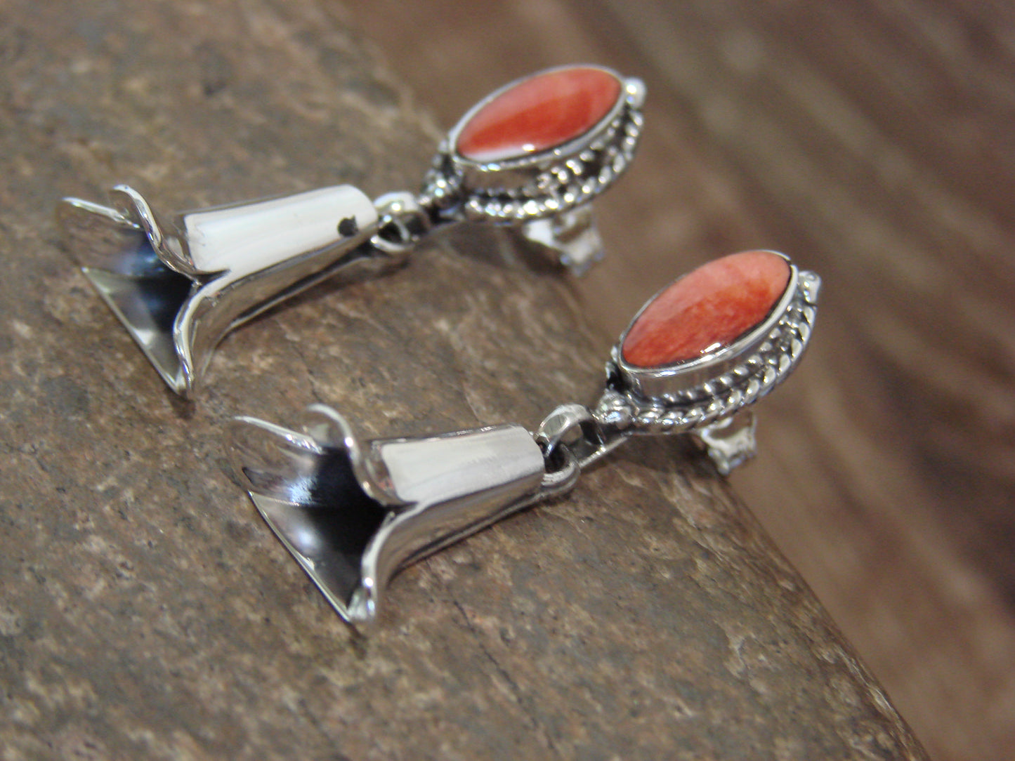 Native American Sterling Silver Spiny Oyster Squash Blossom Post Earrings - Yazzie