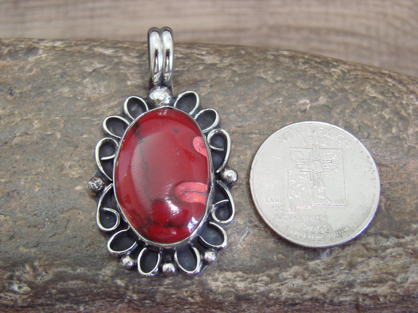 Native American Nickel Silver & Red Howlite Pendant - Cleveland