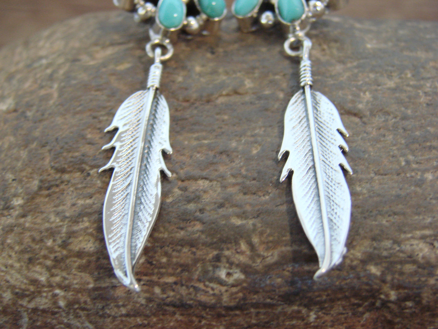 Native American Sterling Silver & Turquoise Cluster Post Feather Earrings by Lewis