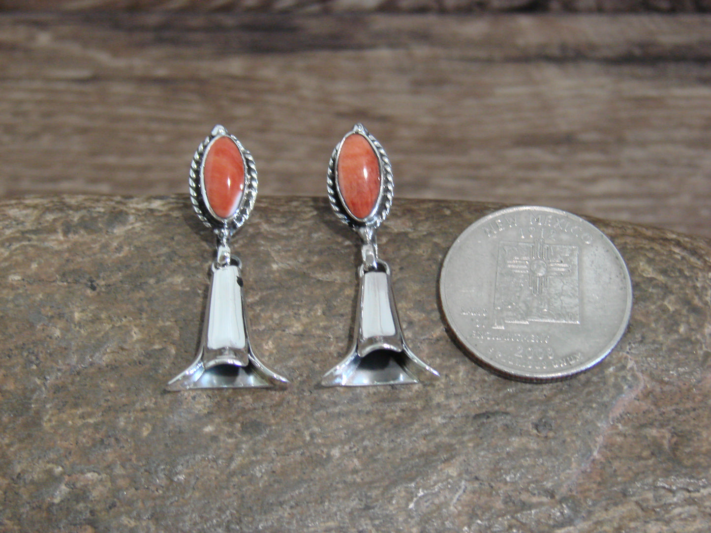 Native American Sterling Silver Spiny Oyster Squash Blossom Post Earrings - Yazzie
