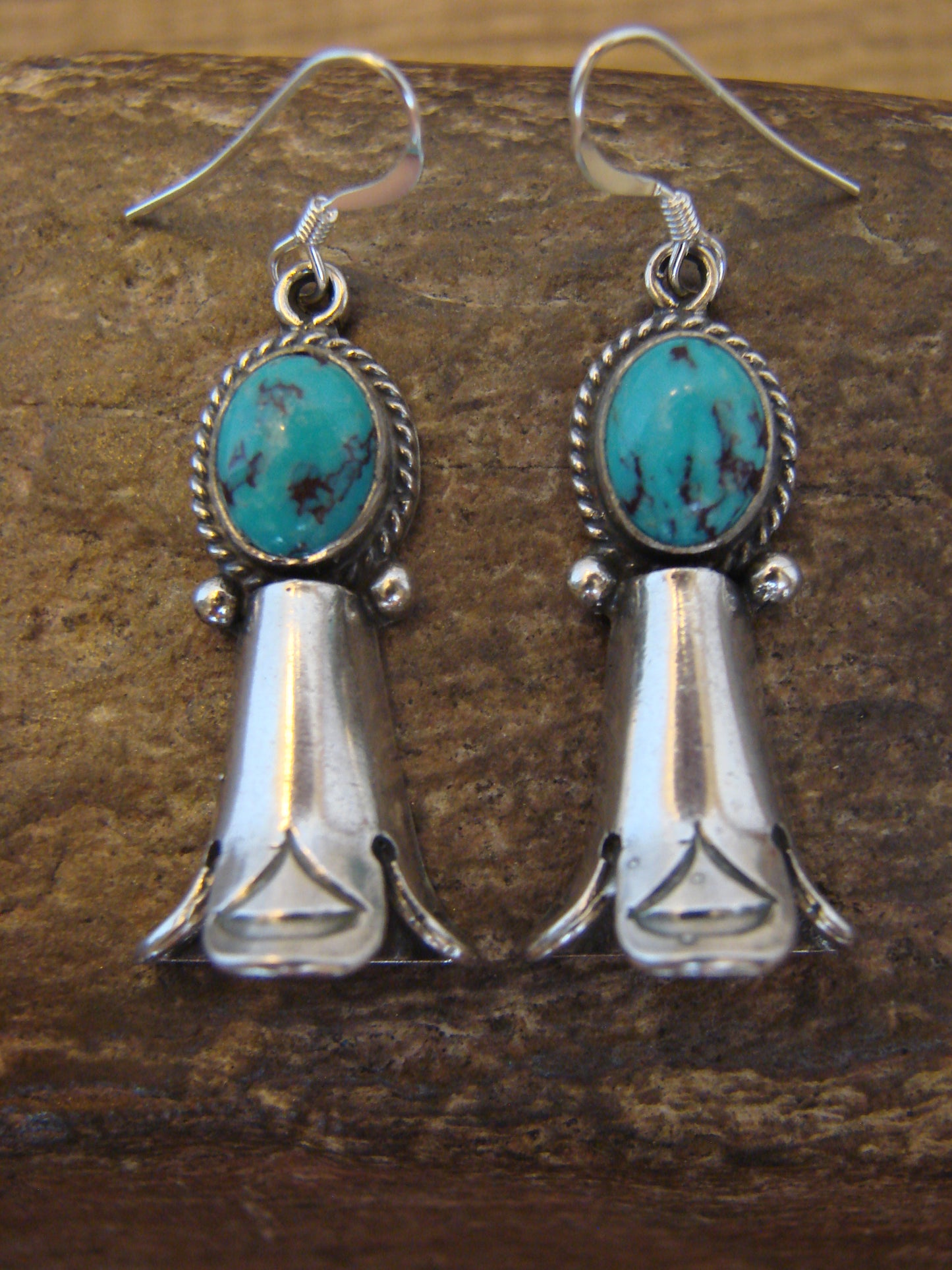 Native American Sterling Silver Turquoise Squash Blossom Dangle Earrings - McCarthy