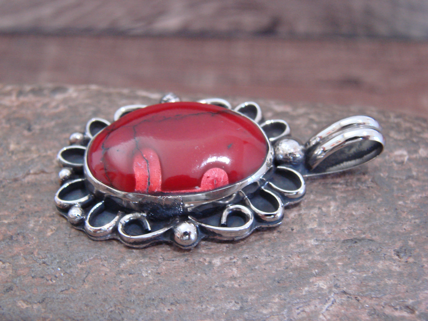 Native American Nickel Silver & Red Howlite Pendant - Cleveland