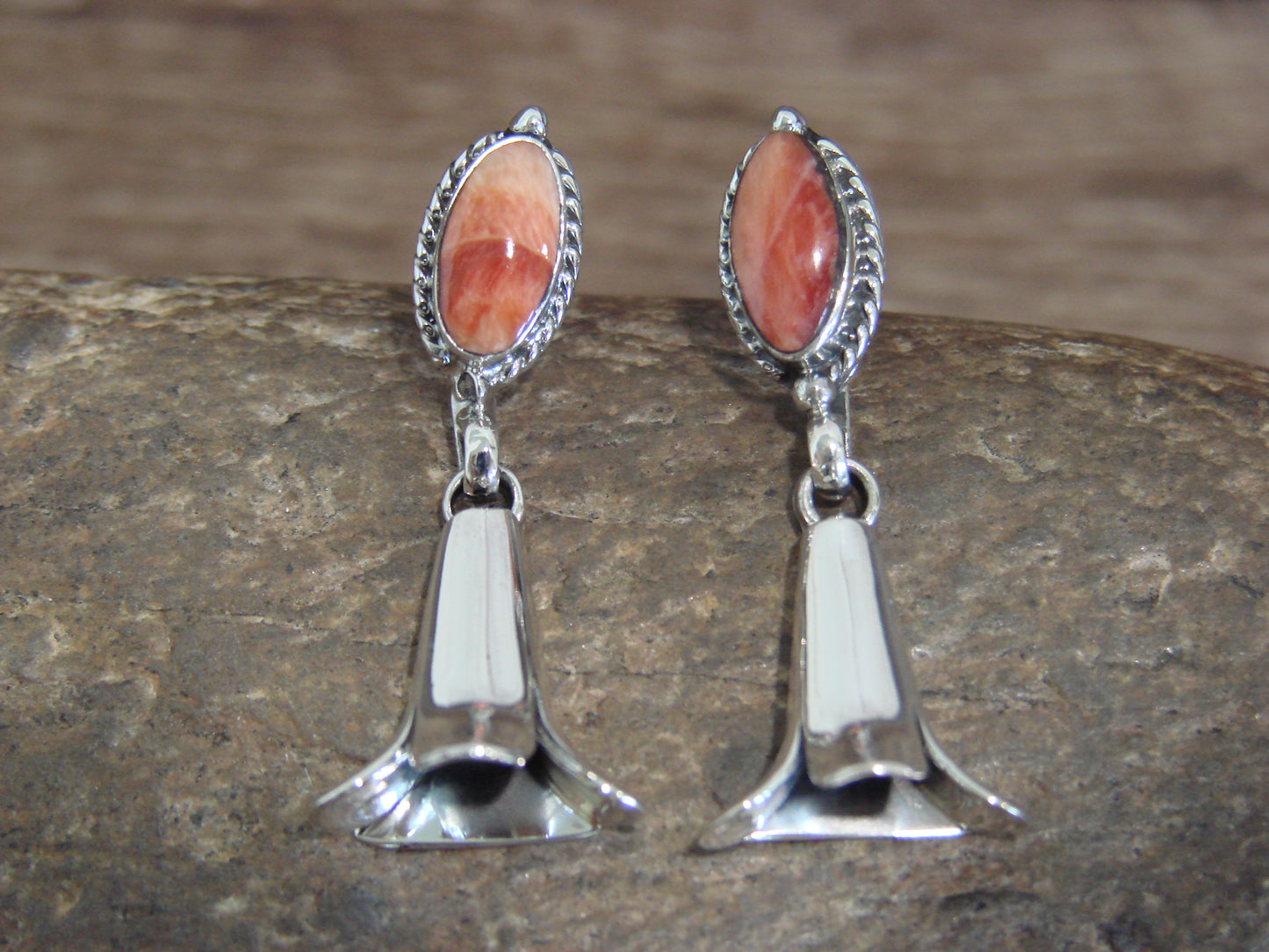 Native American Sterling Silver Spiny Oyster Squash Blossom Post Earrings - Yazzie