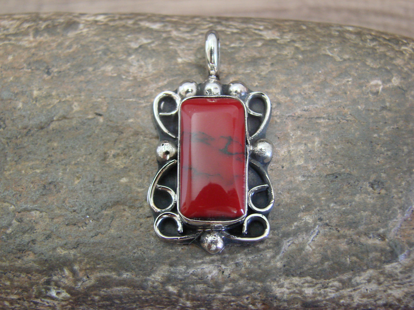 Native American Nickel Silver & Red Howlite Pendant - Cleveland