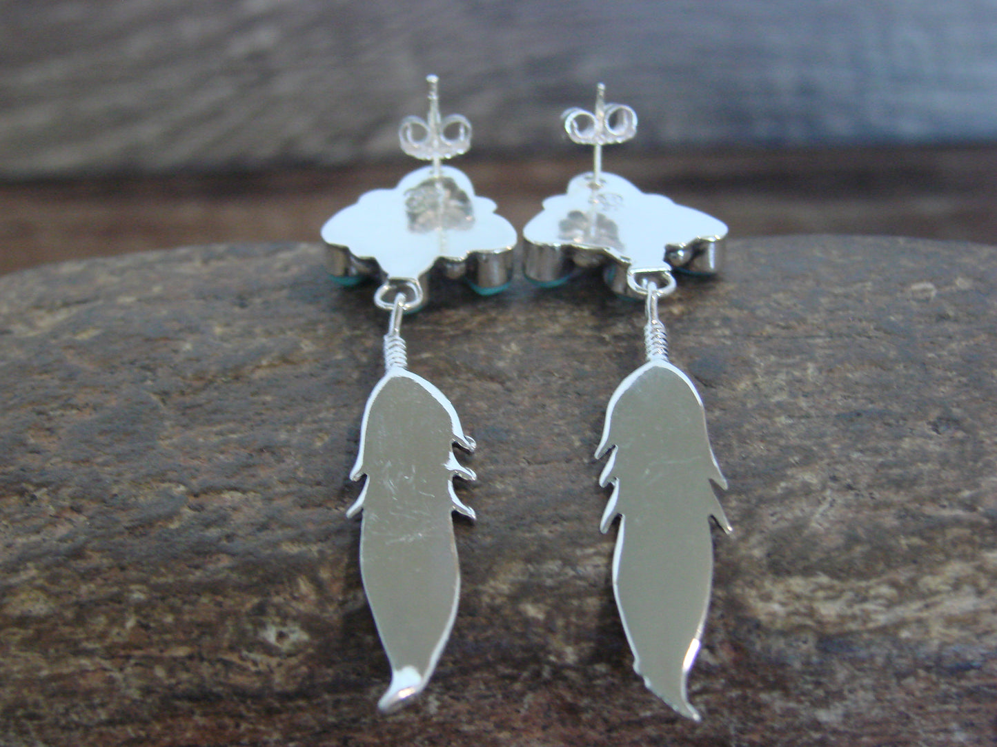 Native American Sterling Silver & Turquoise Cluster Post Feather Earrings by Lewis