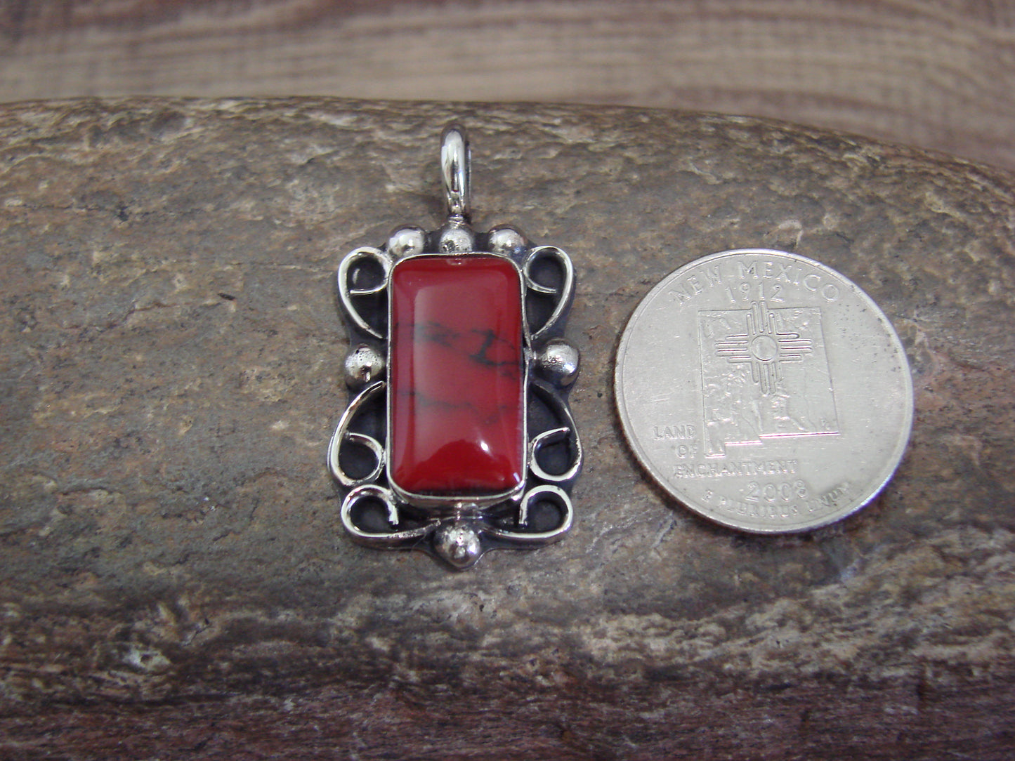 Native American Nickel Silver & Red Howlite Pendant - Cleveland