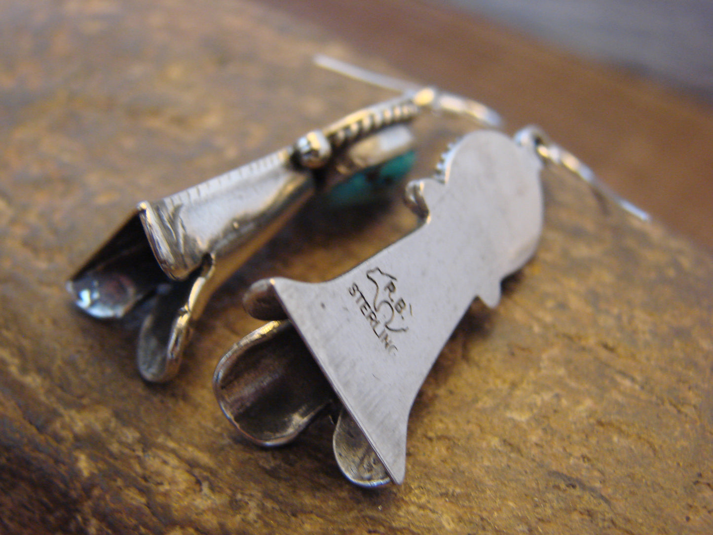 Native American Sterling Silver Turquoise Squash Blossom Dangle Earrings - McCarthy