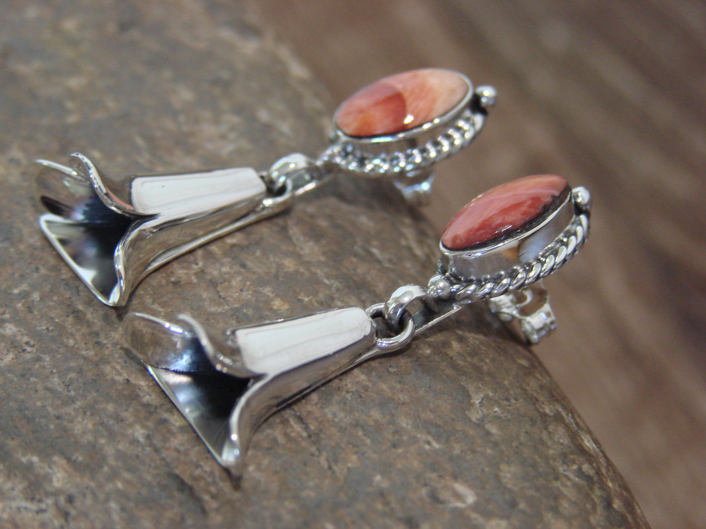 Native American Sterling Silver Spiny Oyster Squash Blossom Post Earrings - Yazzie