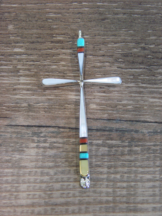 Native American Sterling Silver Multi Stone Inlay Cross Pendant by Noche