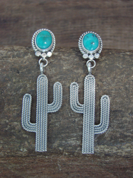 Native American Sterling Silver Turquoise Cactus Post Earrings - McCarthy