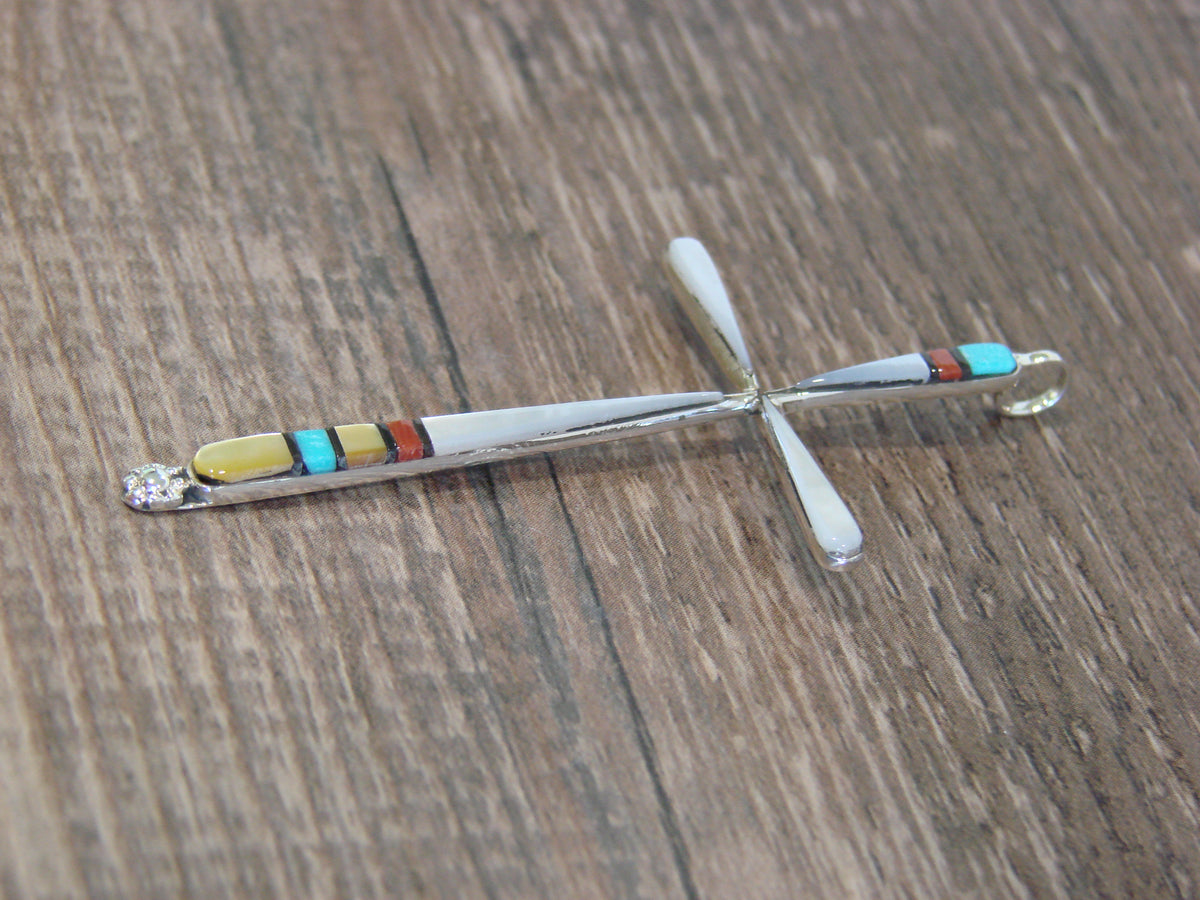 Native American Sterling Silver Multi Stone Inlay Cross Pendant by Noche