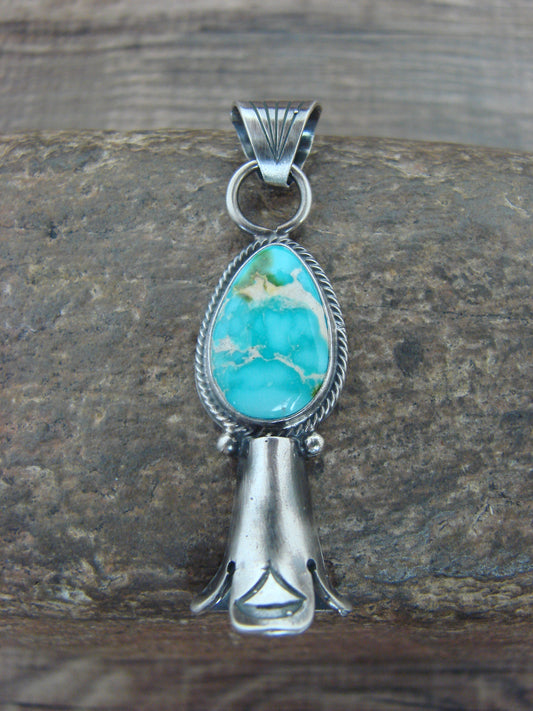 Native American Sterling Silver & Turquoise Squash Blossom Pendant by Betone