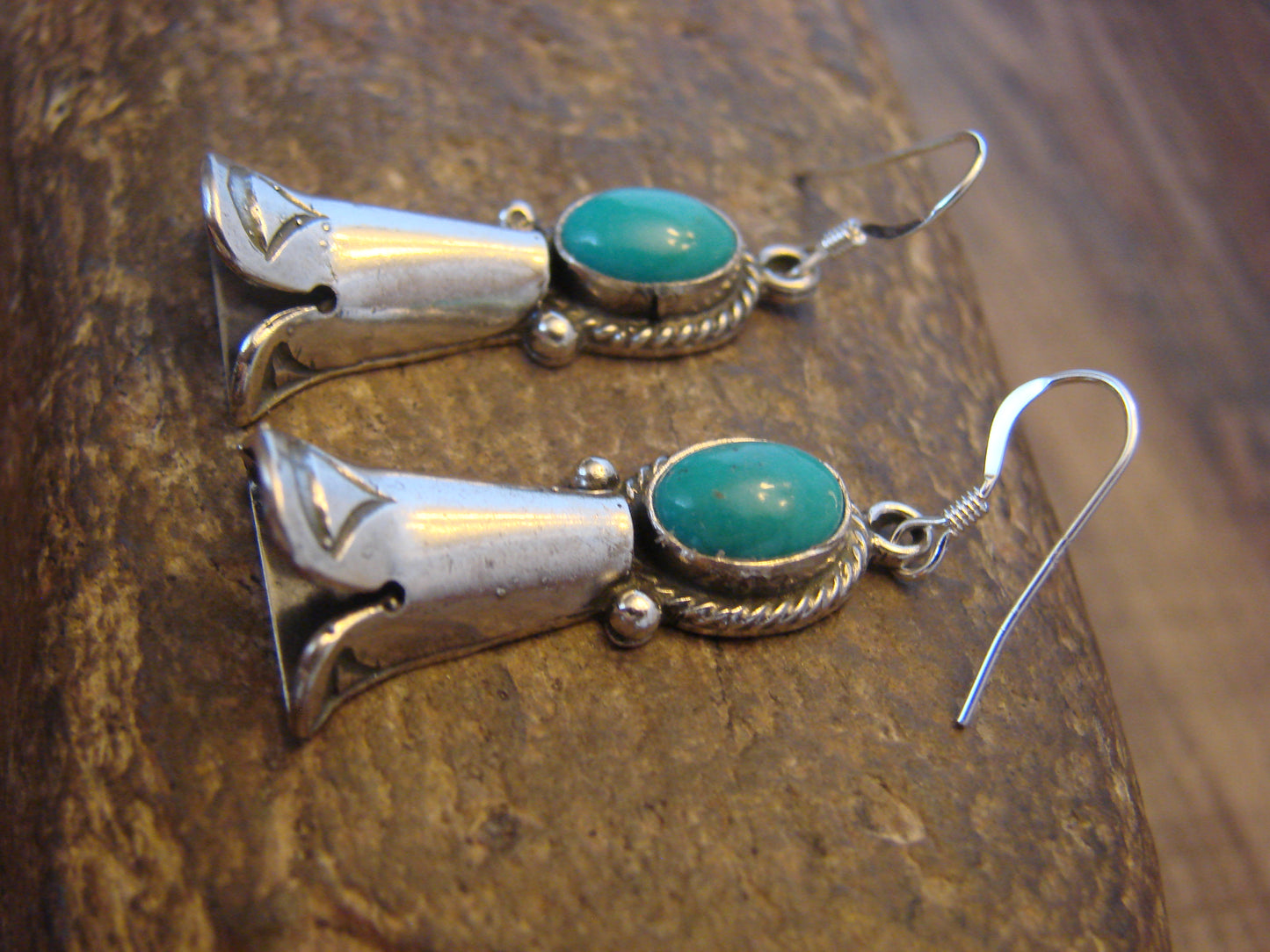 Native American Sterling Silver Turquoise Squash Blossom Dangle Earrings - McCarthy
