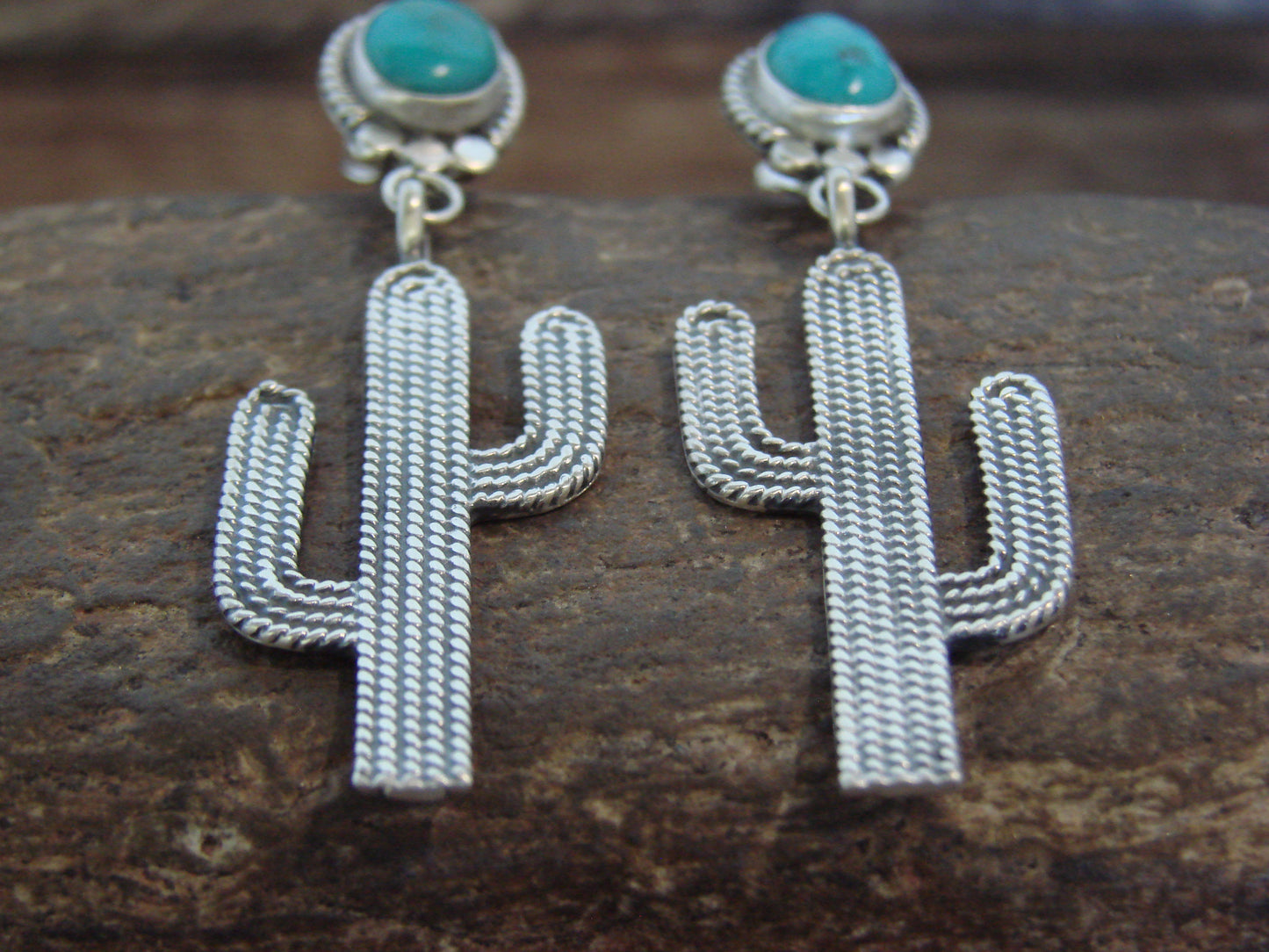 Native American Sterling Silver Turquoise Cactus Post Earrings - McCarthy