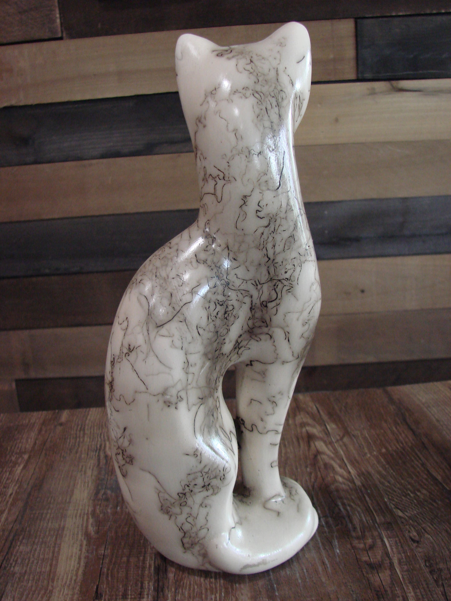 Native American Navajo Pottery Horse Hair Cat Sculpture by Vail