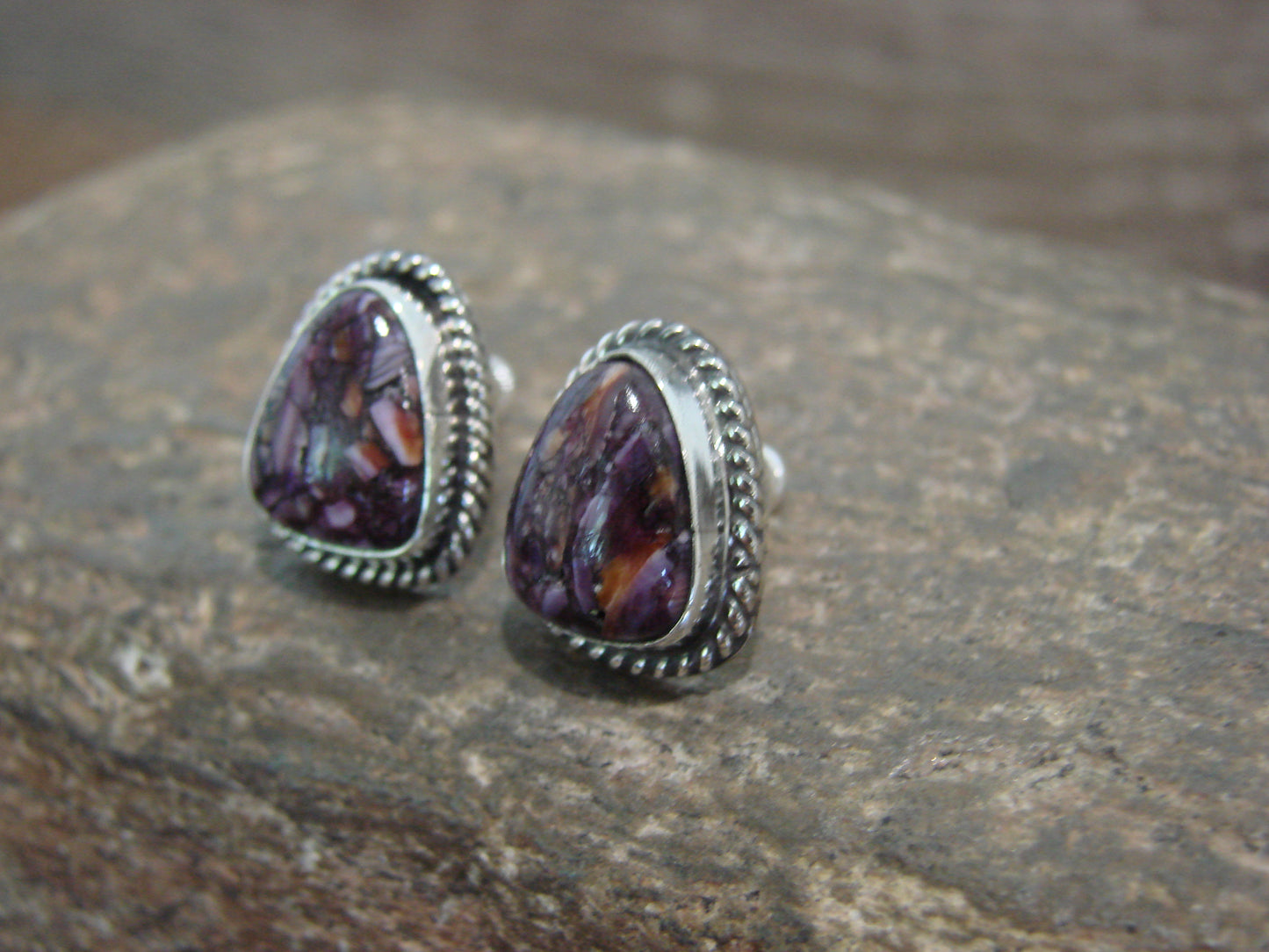 Native American Sterling Silver Purple Spiny Oyster Post Earrings by McCarthy