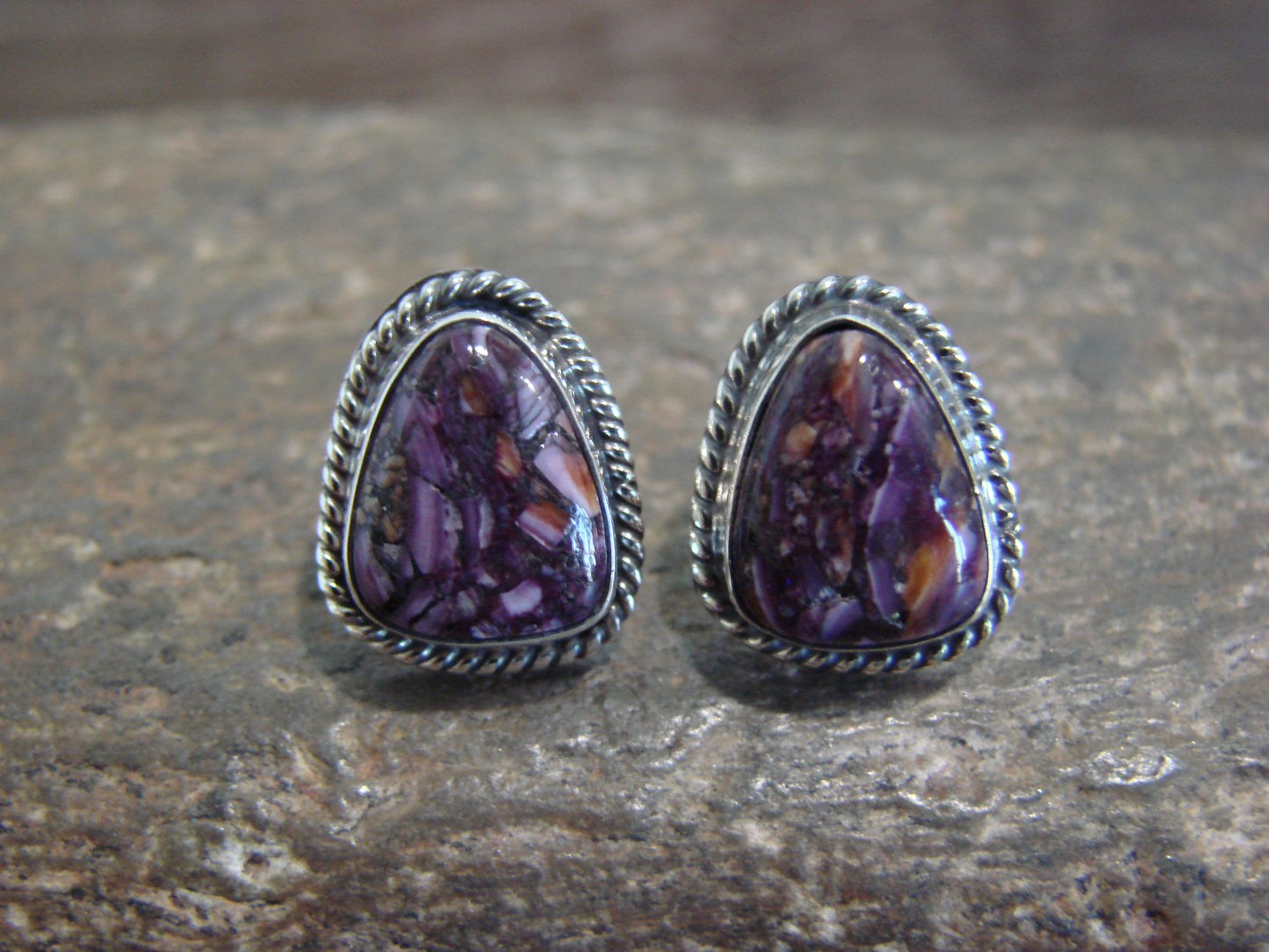 Native American Sterling Silver Purple Spiny Oyster Post Earrings by McCarthy