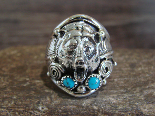 Native American Sterling Silver & Turquoise Bear Ring - Saunders - Size 10.5