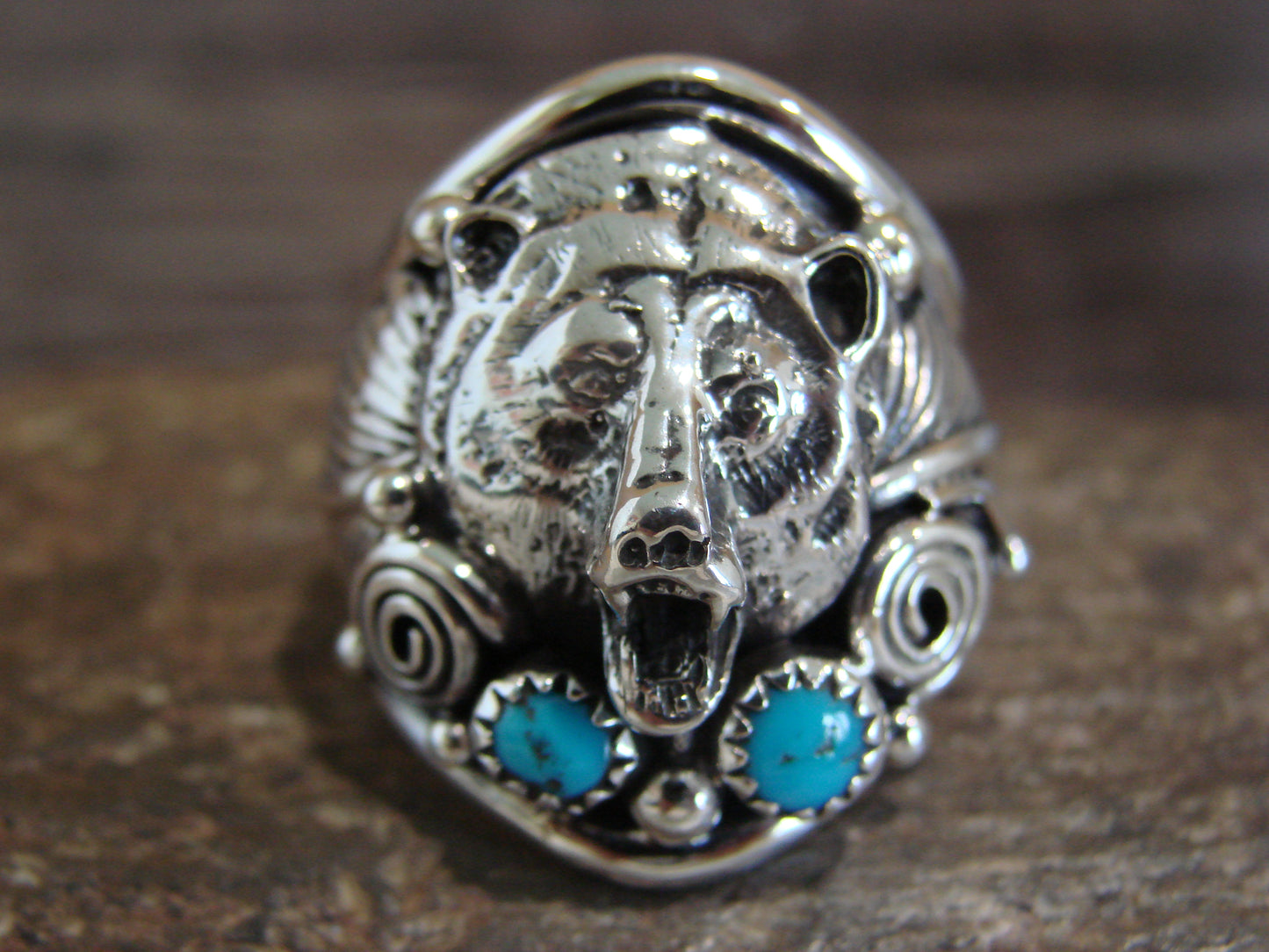 Native American Sterling Silver & Turquoise Bear Ring - Saunders - Size 11