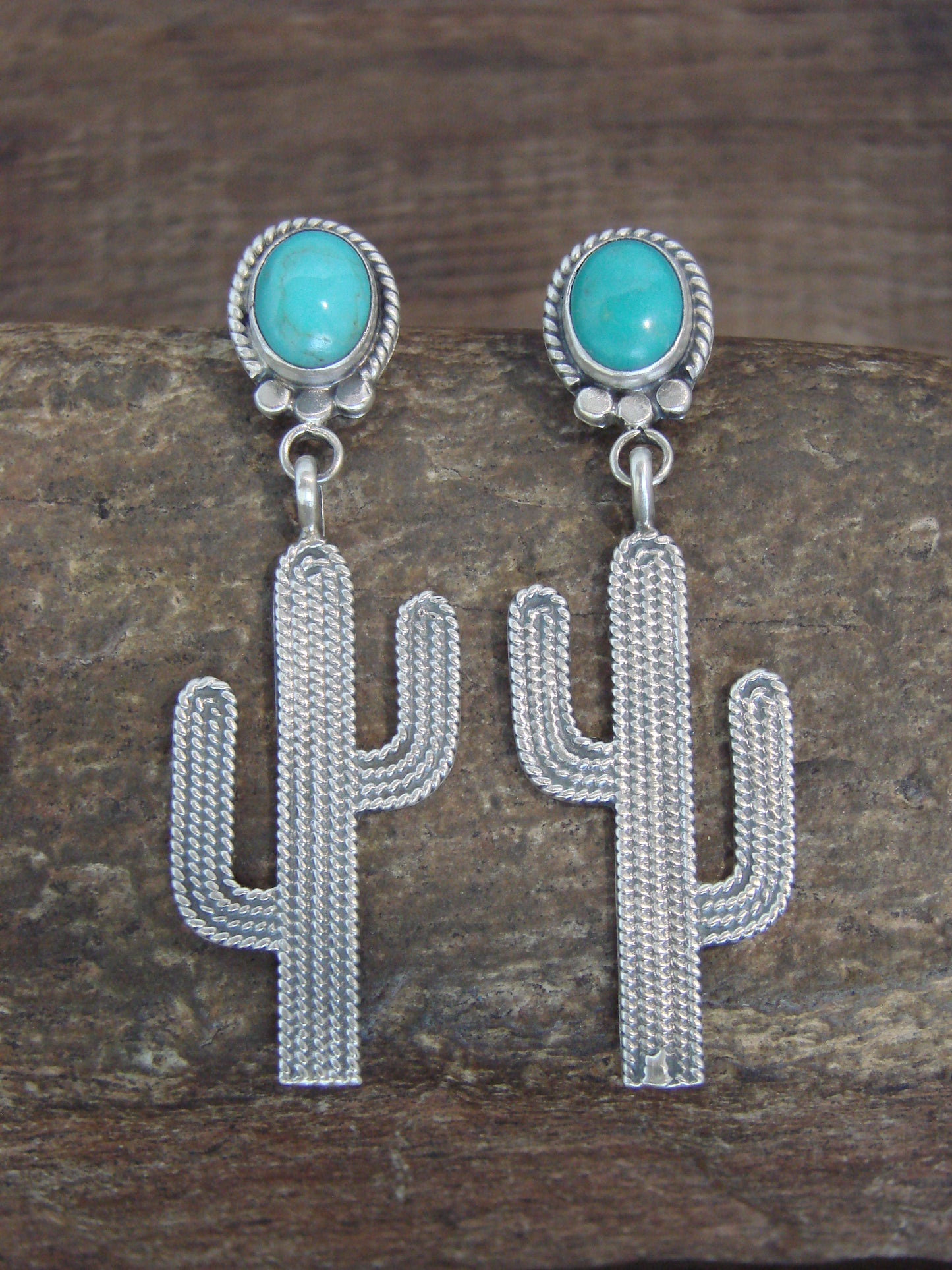Native American Sterling Silver Turquoise Cactus Post Earrings - McCarthy