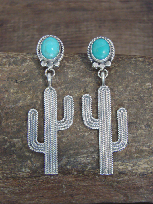 Native American Sterling Silver Turquoise Cactus Post Earrings - McCarthy