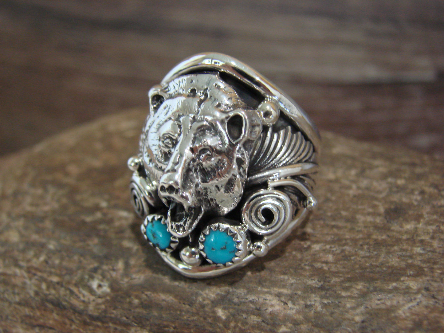 Native American Sterling Silver & Turquoise Bear Ring - Saunders - Size 11