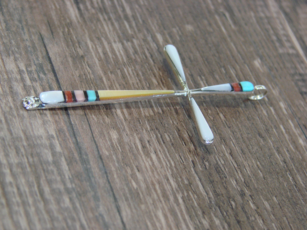 Native American Sterling Silver Multi Stone Inlay Cross Pendant by Noche