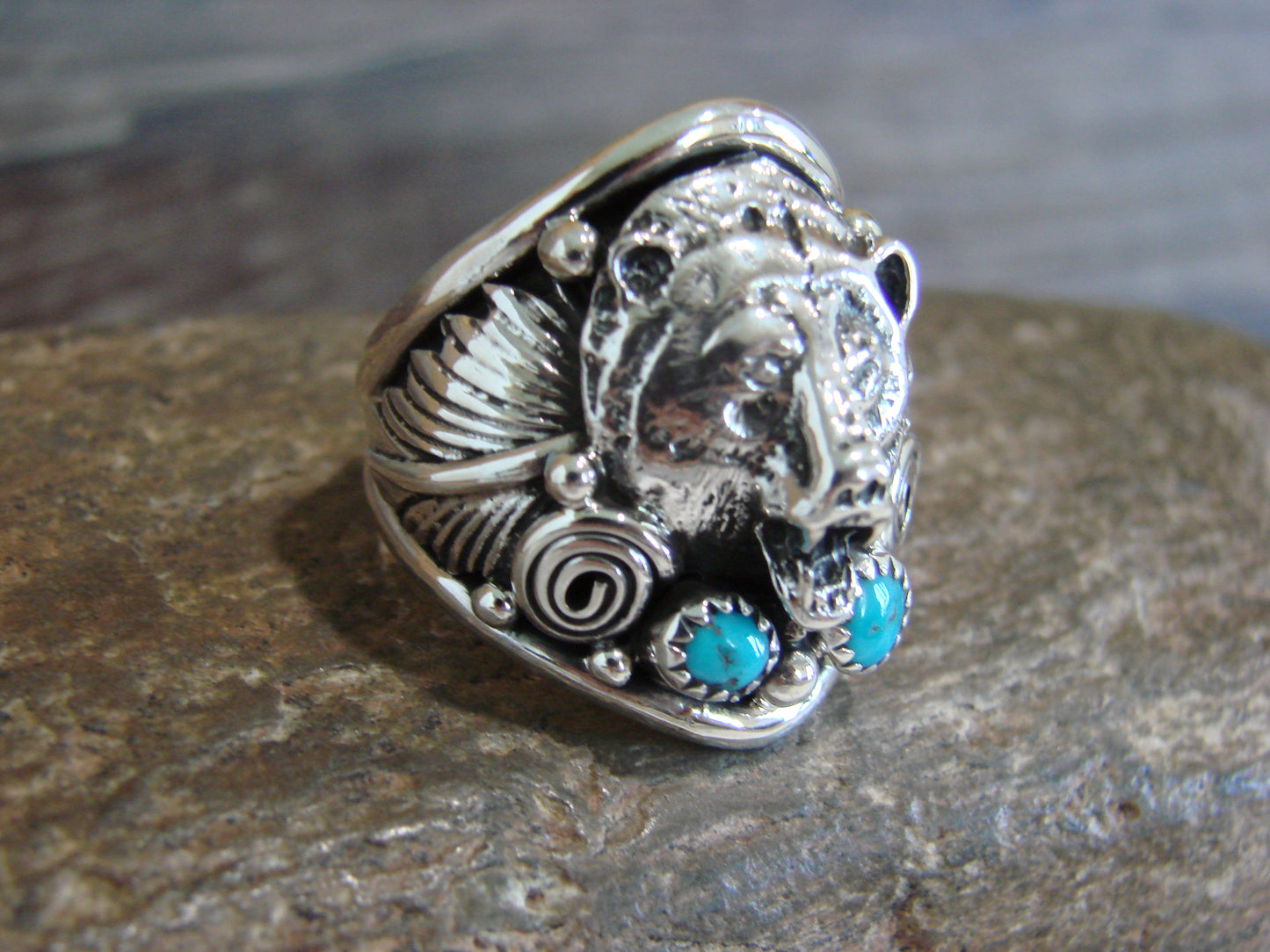Native American Sterling Silver & Turquoise Bear Ring - Saunders - Size 11
