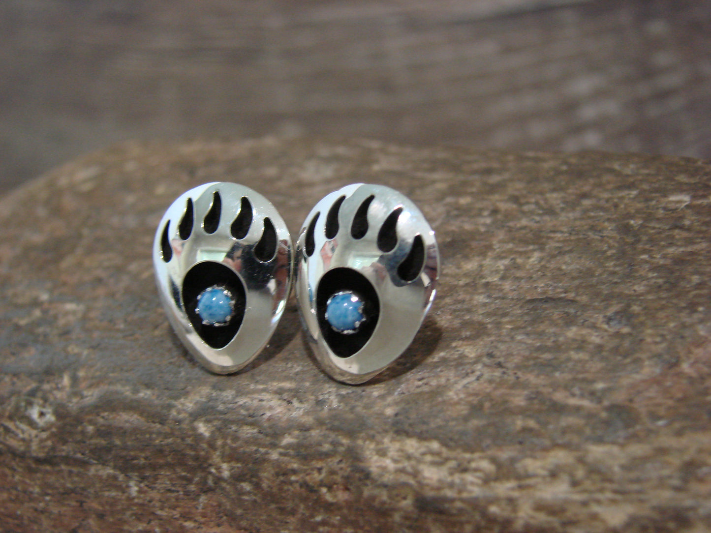 Native American Sterling Silver & Denim Lapis Bear Paw Stud Post Earrings - Parker