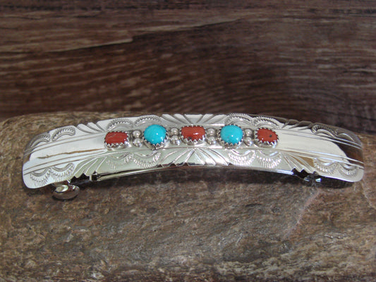 Native American Sterling Silver Turquoise & Coral Hair Barrette by Begay