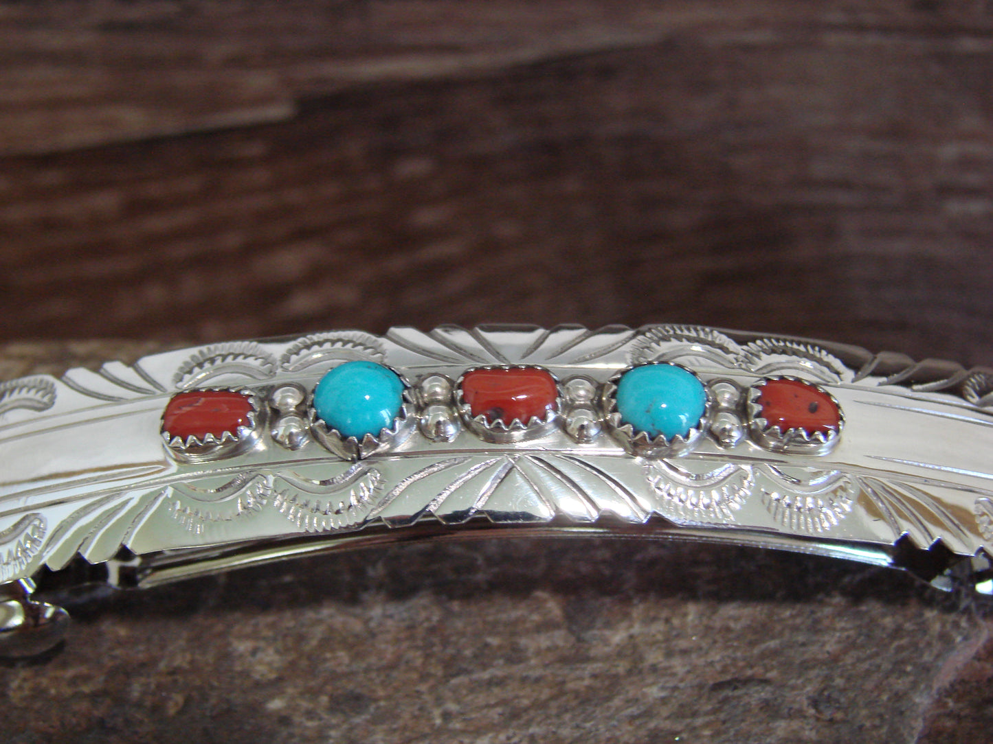 Native American Sterling Silver Turquoise & Coral Hair Barrette by Begay