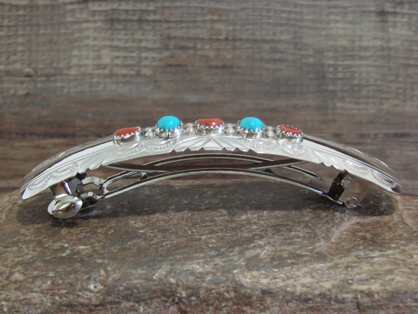 Native American Sterling Silver Turquoise & Coral Hair Barrette by Begay