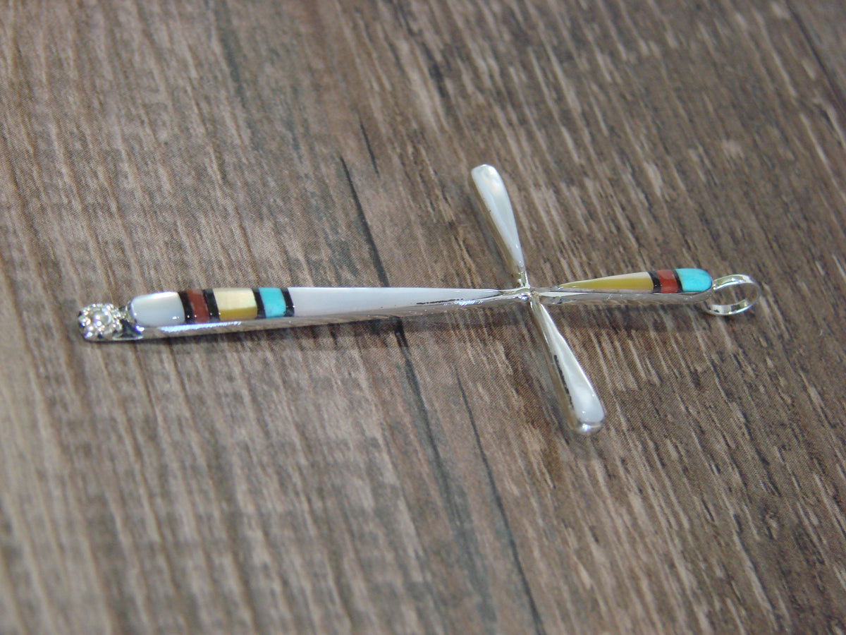 Native American Sterling Silver Multi Stone Inlay Cross Pendant by Noche
