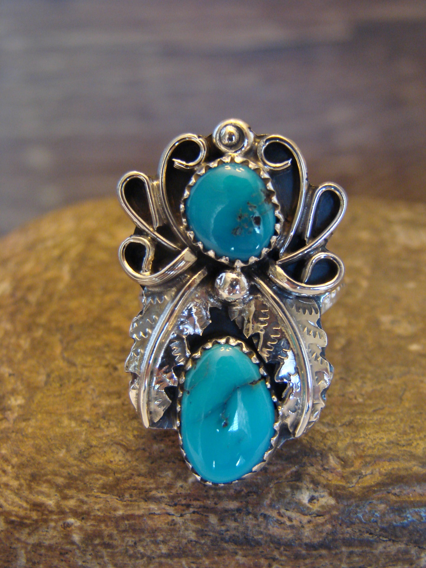 Native American Sterling Silver & Turquoise Ring Signed Yazzie - Size 6