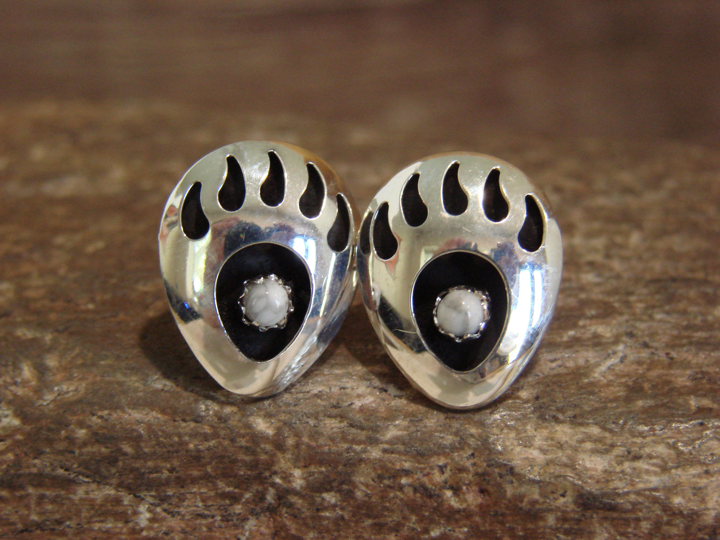 Native American Sterling Silver & Howlite Bear Paw Stud Post Earrings - Parker