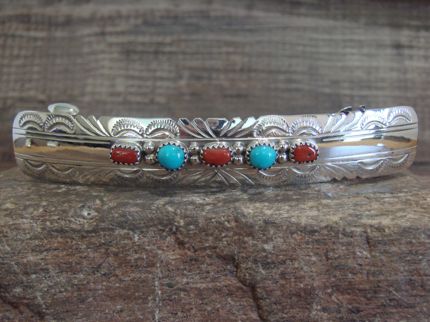 Native American Sterling Silver Turquoise & Coral Hair Barrette by Begay