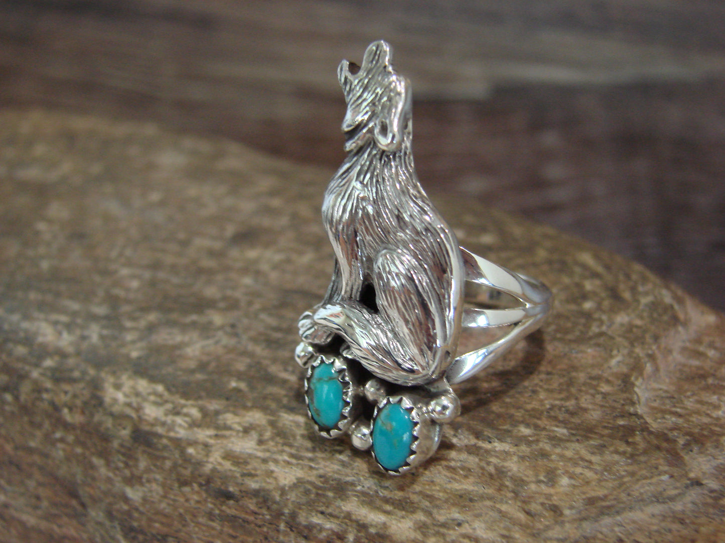 Native American Sterling Silver Turquoise Lobo Wolf Ring by Platero Size 9.5