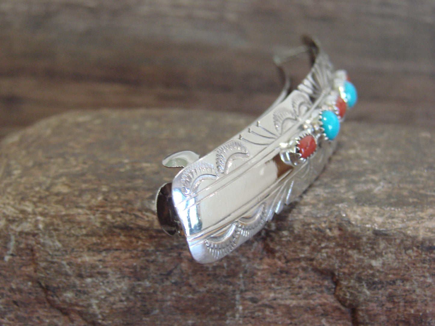 Native American Sterling Silver Turquoise & Coral Hair Barrette by Begay