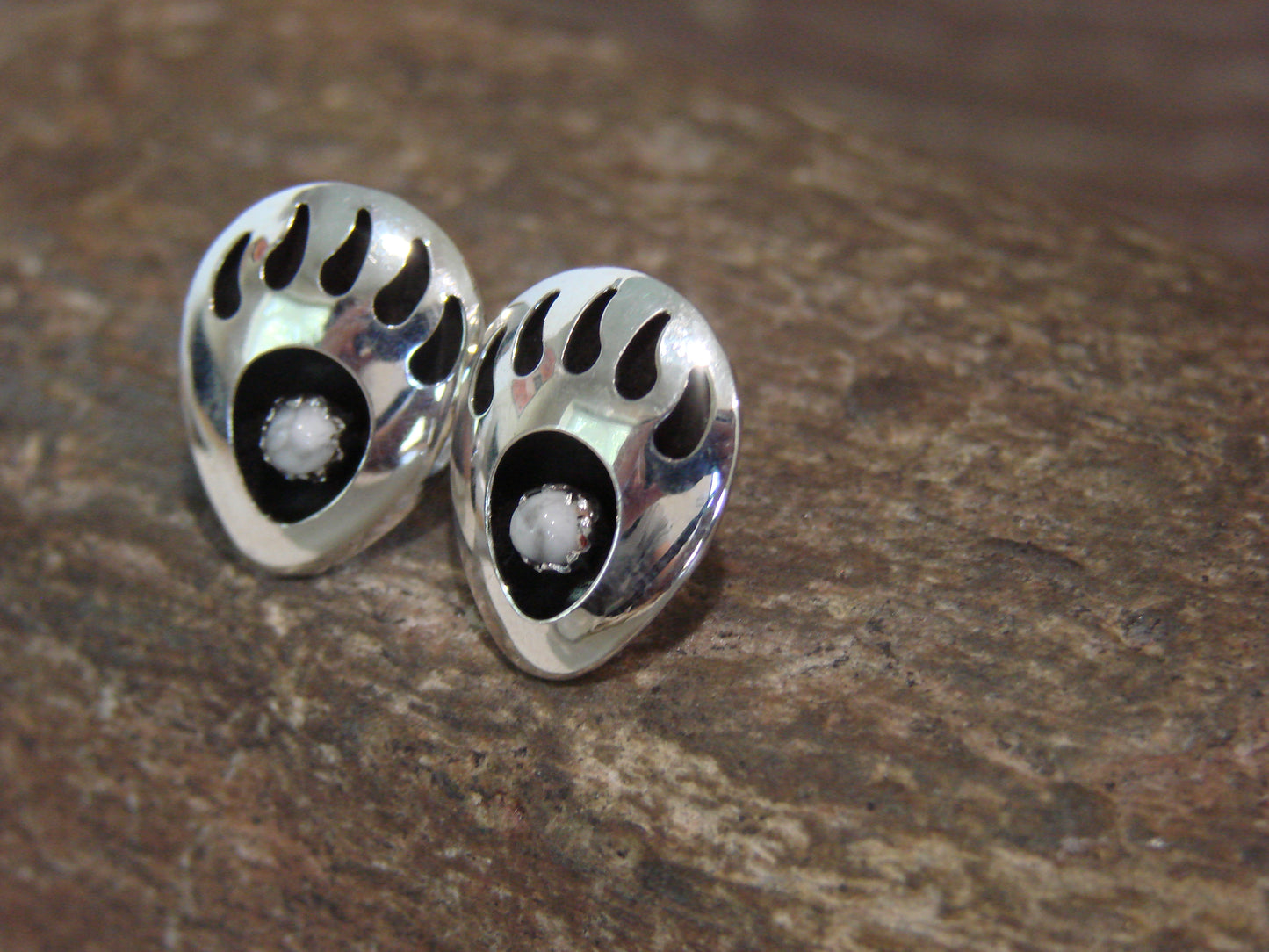 Native American Sterling Silver & Howlite Bear Paw Stud Post Earrings - Parker