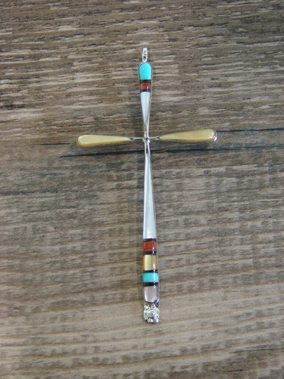Native American Sterling Silver Multi Stone Inlay Cross Pendant by Noche