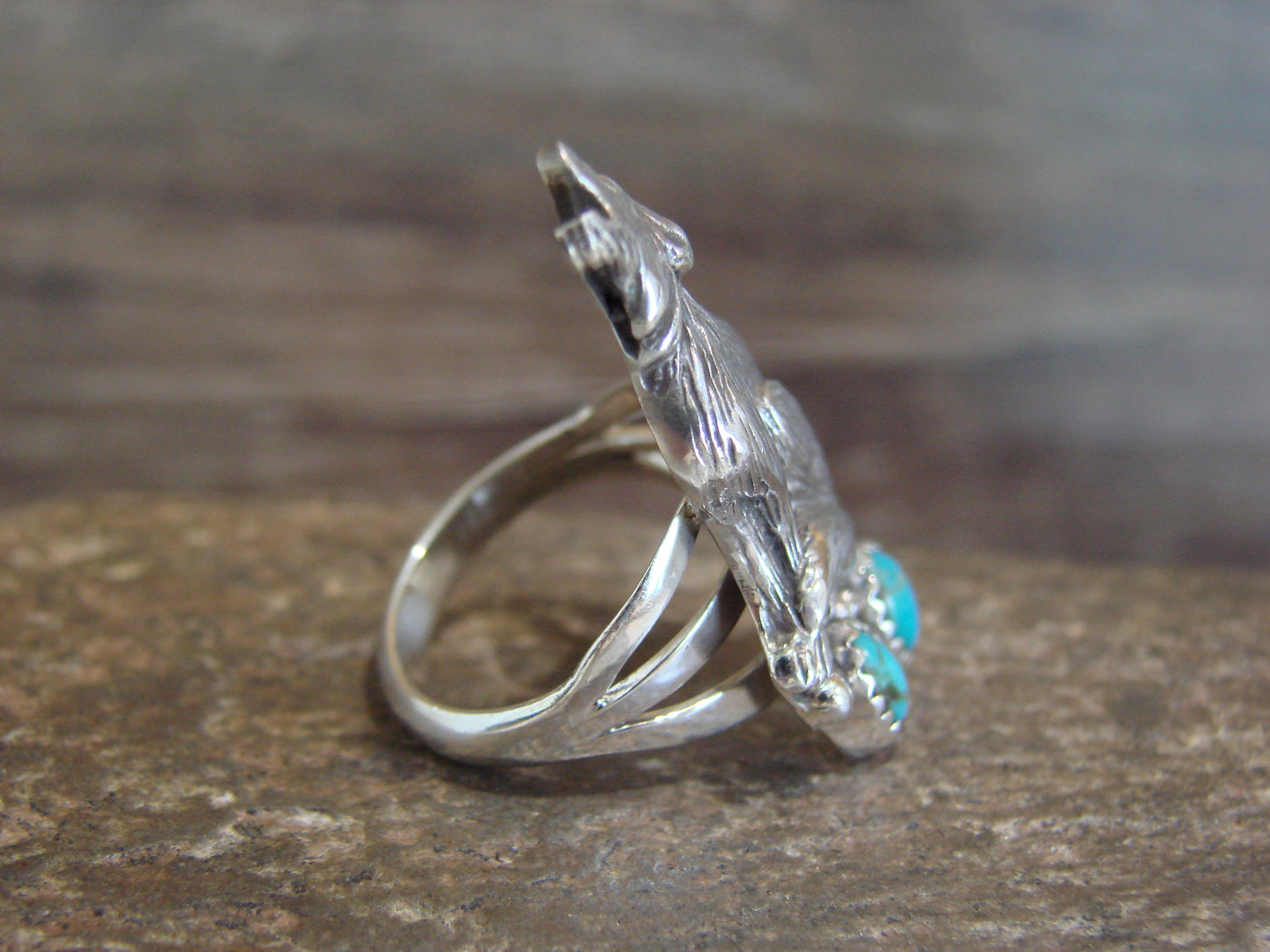 Native American Sterling Silver Turquoise Lobo Wolf Ring by Platero Size 9.5