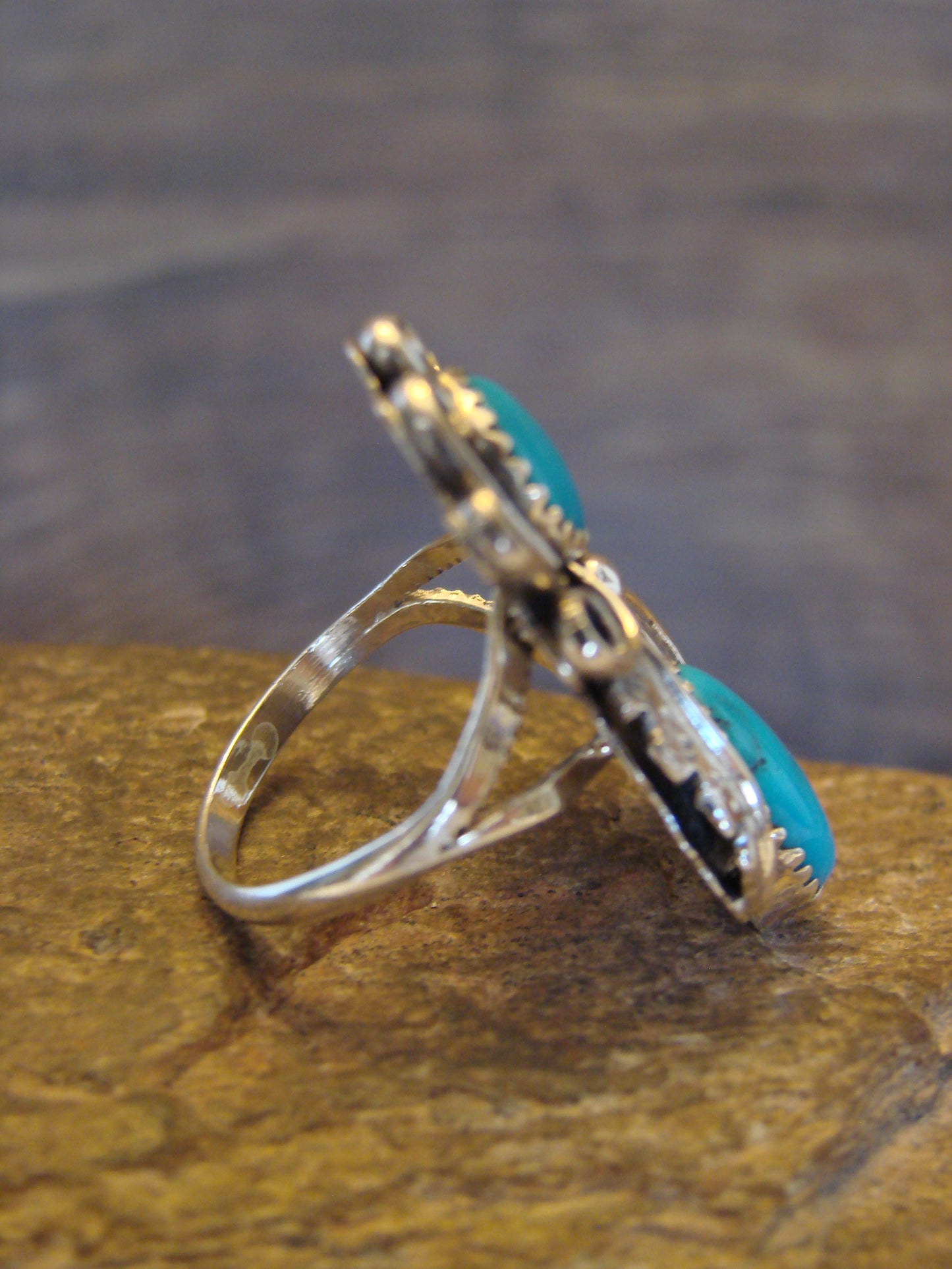 Native American Sterling Silver & Turquoise Ring Signed Yazzie - Size 6