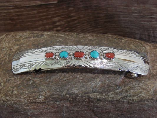 Native American Sterling Silver Turquoise & Coral Hair Barrette by Begay