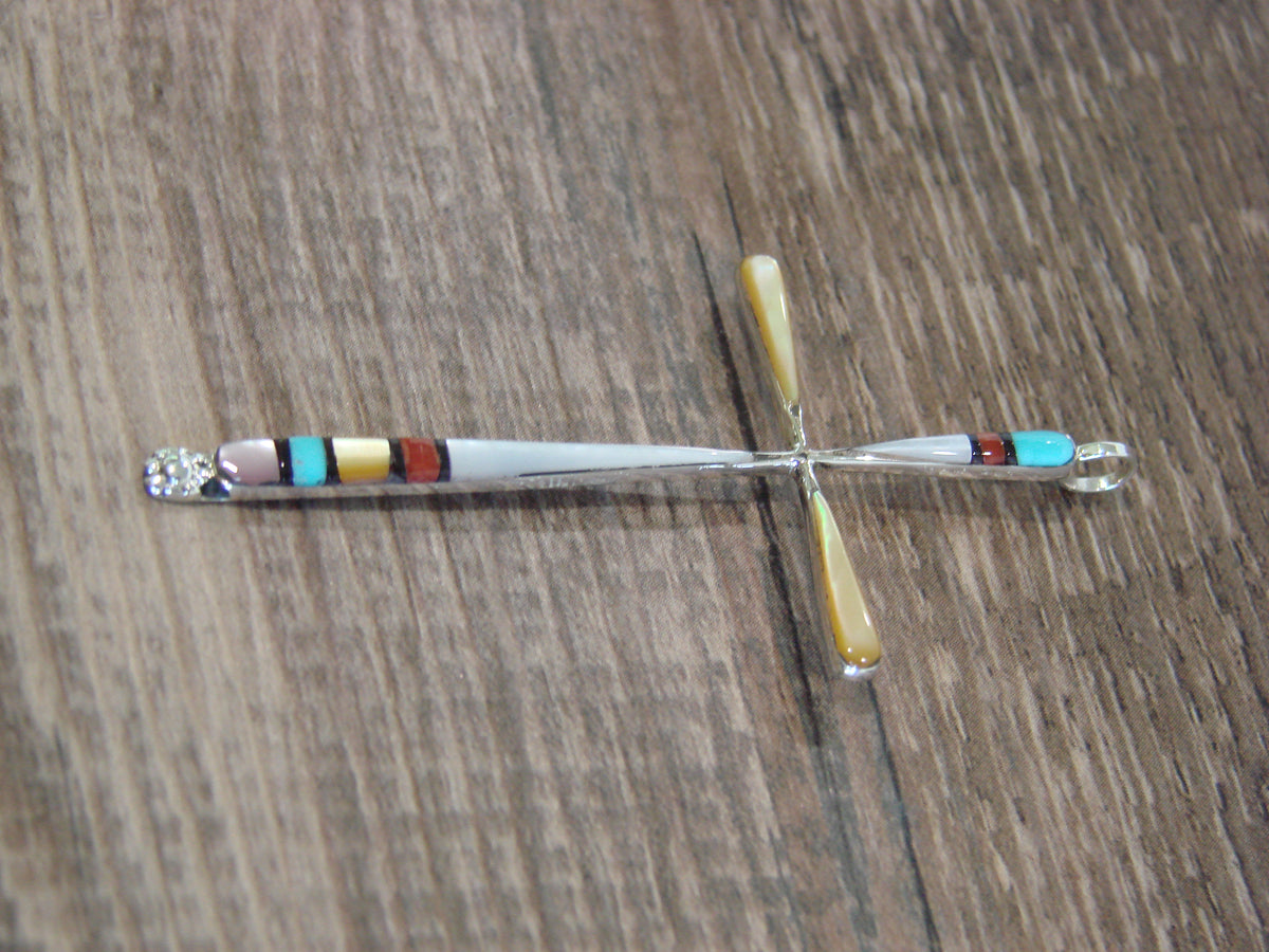 Native American Sterling Silver Multi Stone Inlay Cross Pendant by Noche