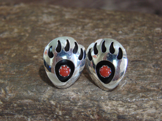 Native American Sterling Silver & Coral Bear Paw Stud Post Earrings - Parker