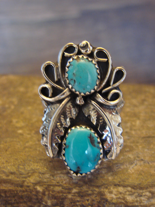 Native American Sterling Silver & Turquoise Ring Signed Yazzie - Size 9